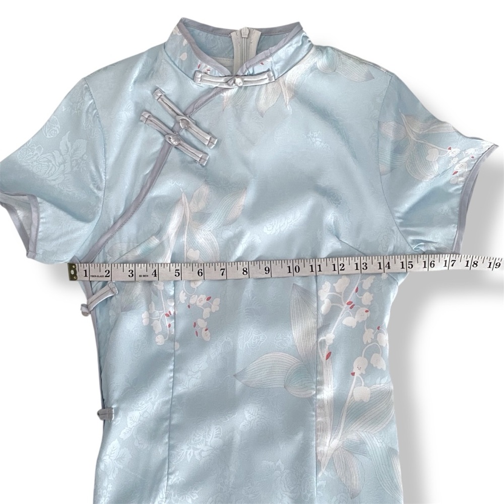 Lilly of the Vally Floral Short Sleeve Midi Blue Cheongsam Qipao Chinese Size S - Picture 6 of 10